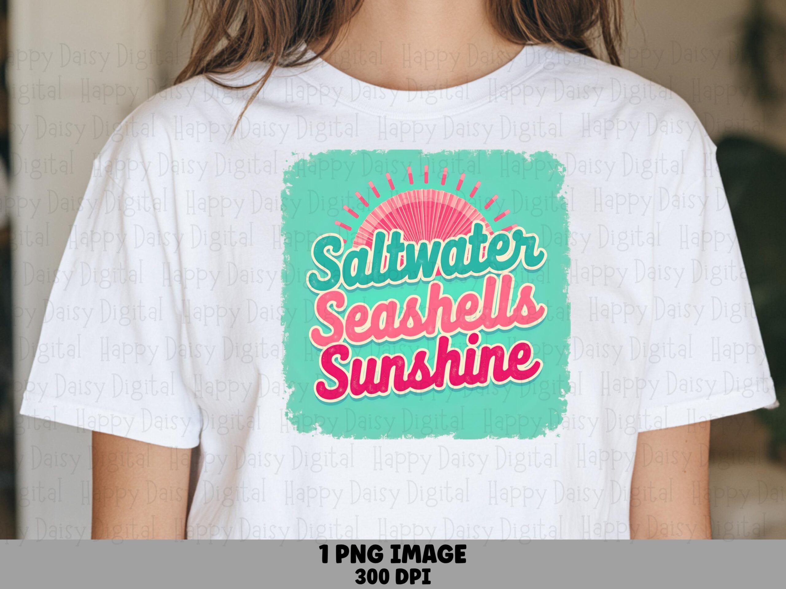 Saltwater Seashells Sunshine PNG Sublimation Design Beach Summer Teal Text Commercial Use POD