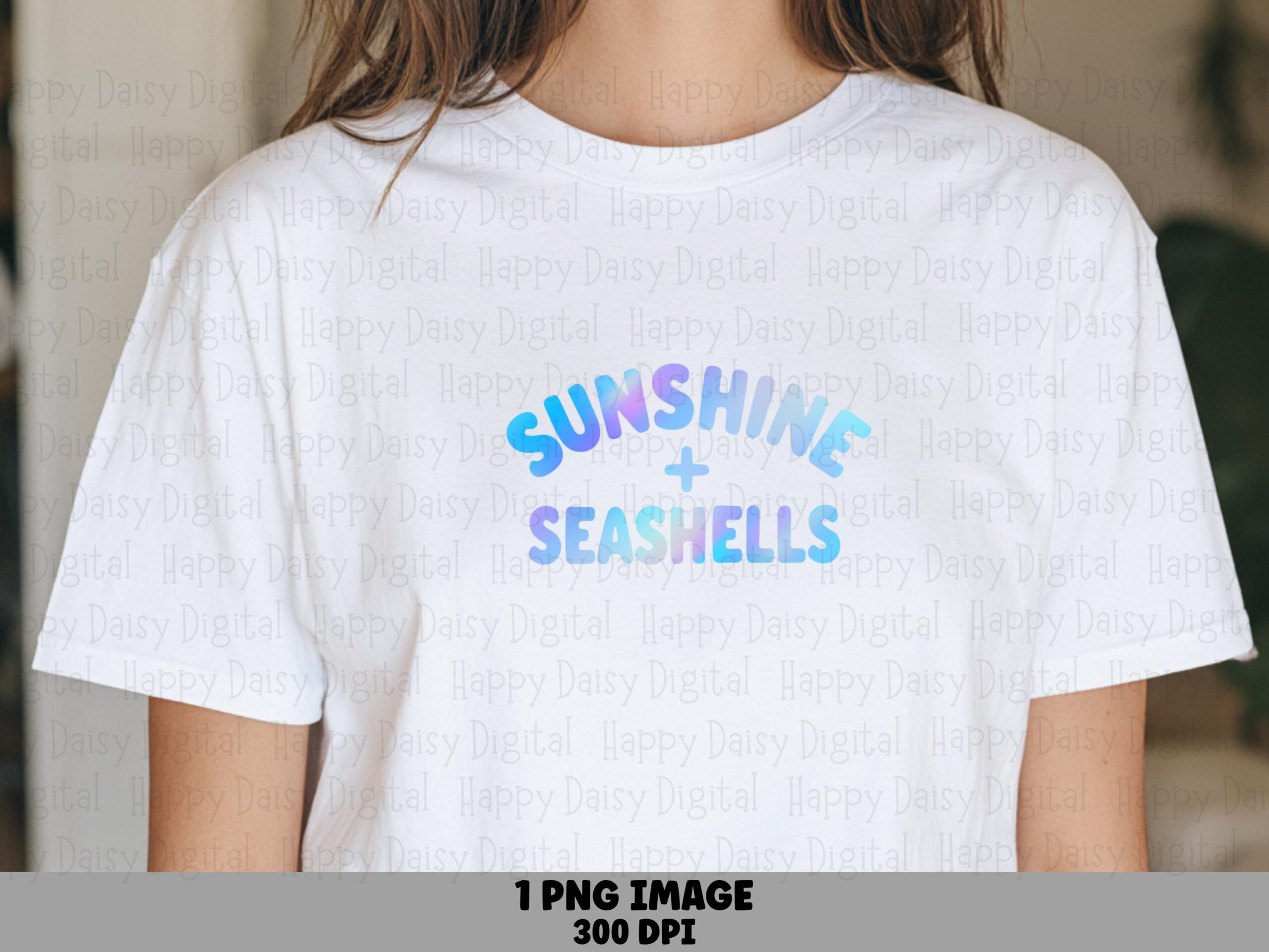 Sunshine And Seashells PNG Sublimation Design Beach Summer Holographic Text Commercial Use POD