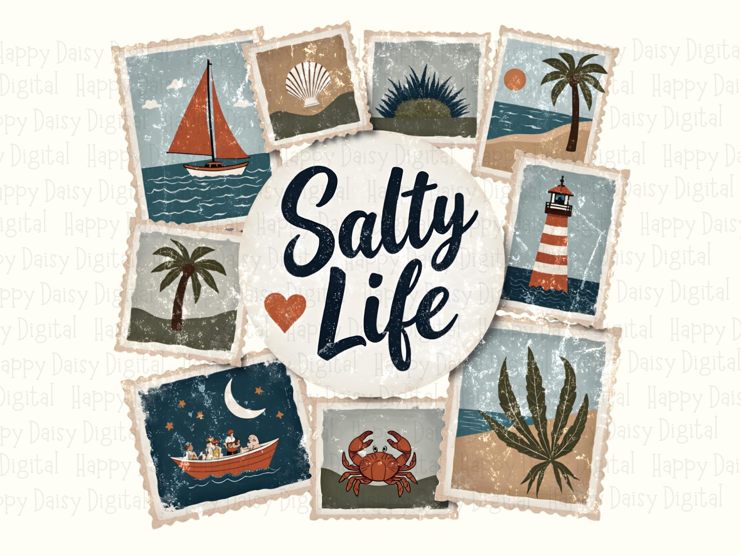 Salty Life PNG Sublimation Design Beach Summer Postcard Collage Commercial Use POD - Image 2
