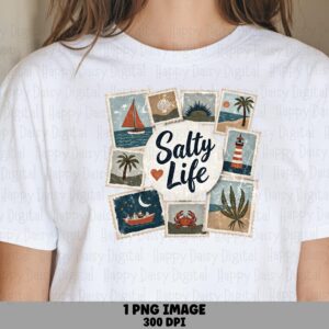 Salty Life PNG Sublimation Design Beach Summer Postcard Collage Commercial Use POD