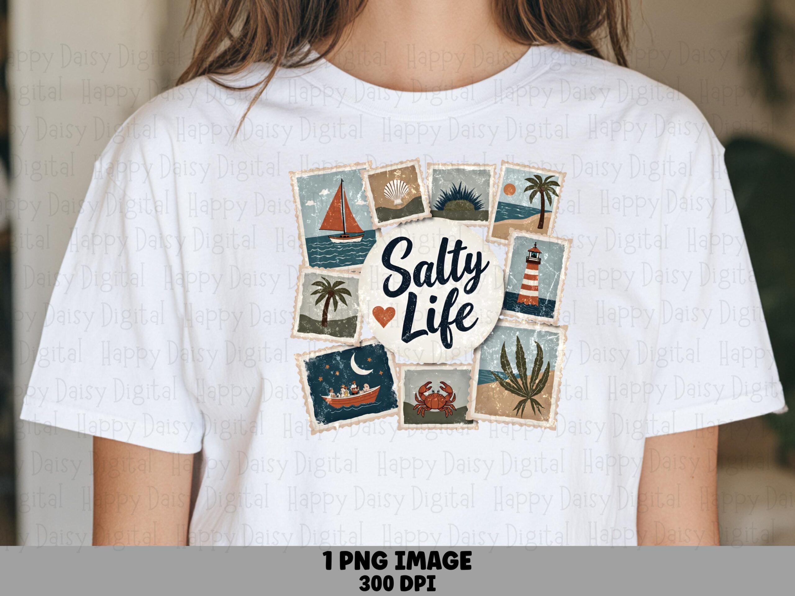 Salty Life PNG Sublimation Design Beach Summer Postcard Collage Commercial Use POD