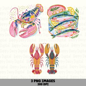 3 Coastal Seafood PNG Bundle Lobster Fish Crawfish Illustration Commercial Use POD
