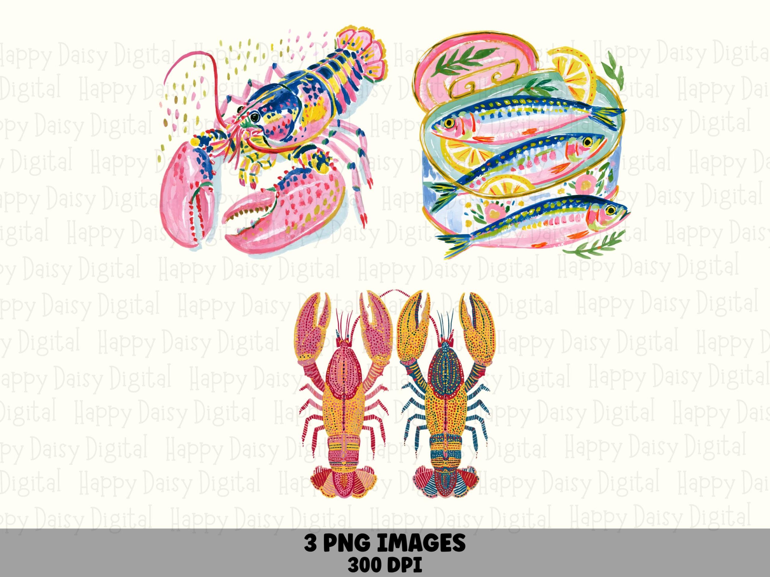 3 Coastal Seafood PNG Bundle Lobster Fish Crawfish Illustration Commercial Use POD