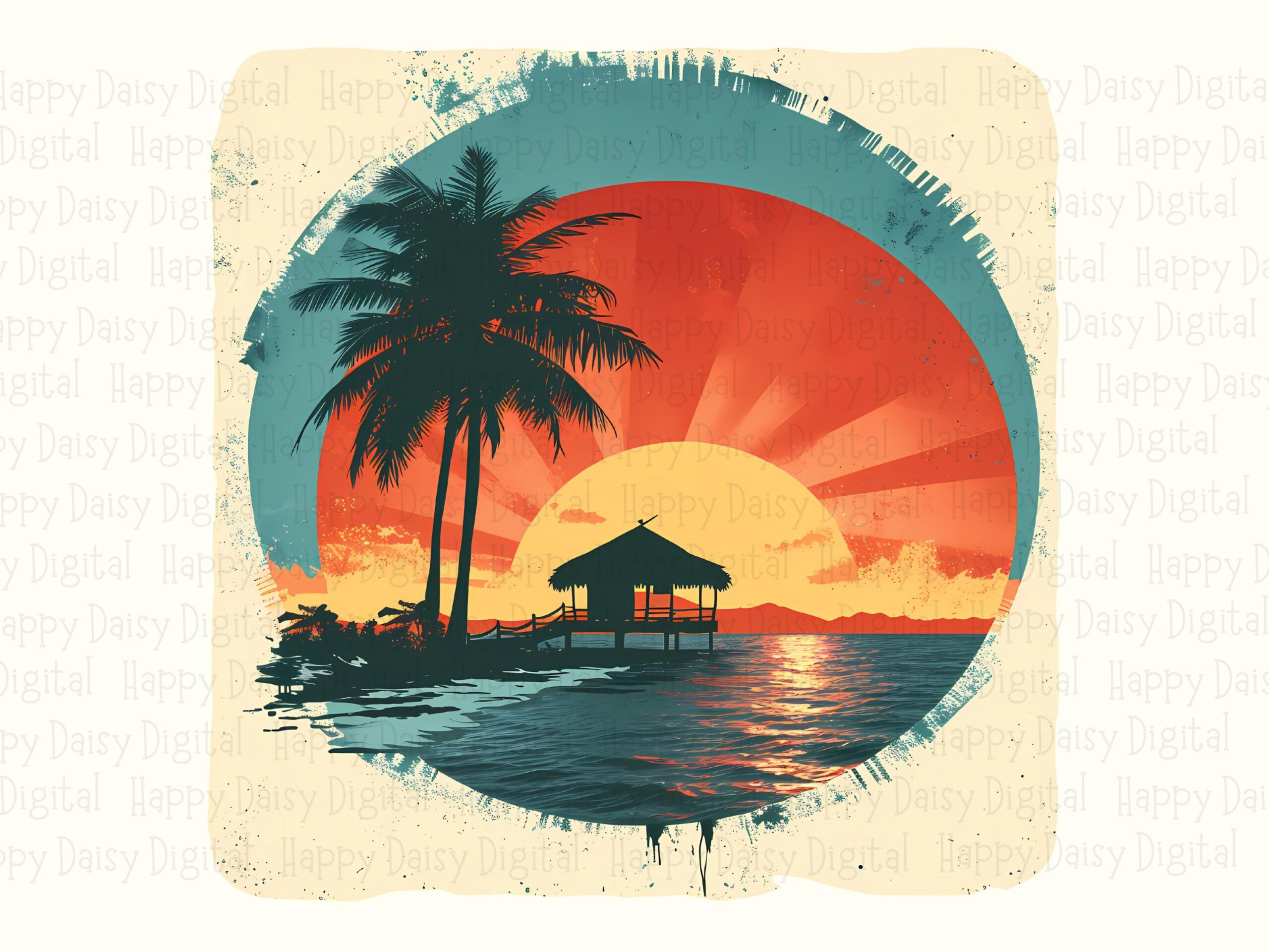 Palm Sunset Badge PNG Teal Border Island Scene Sublimation Design Commercial Use POD - Image 2