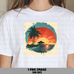 Palm Sunset Badge PNG Teal Border Island Scene Sublimation Design Commercial Use POD