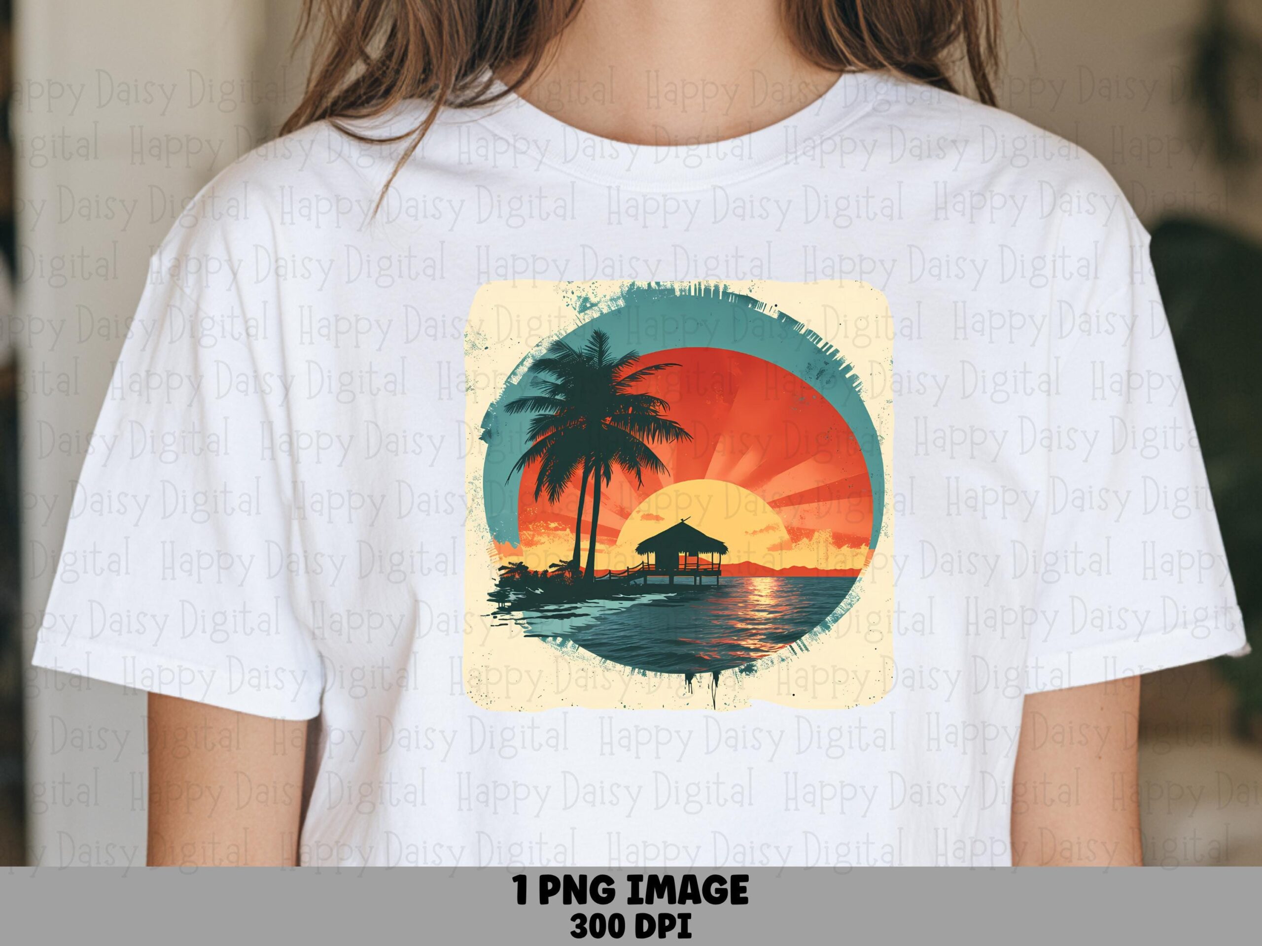 Palm Sunset Badge PNG Teal Border Island Scene Sublimation Design Commercial Use POD