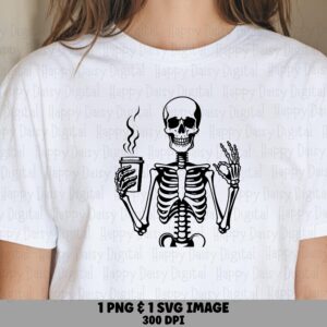 Skeleton With Coffee SVG PNG Skeleton Coffee Design Peace Sign Illustration Cricut Silhouette Canva Commercial Use POD