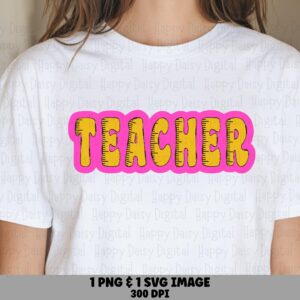 Teacher SVG PNG Teacher Bubble Design Pink Yellow Letters Cricut Silhouette Canva Commercial Use POD