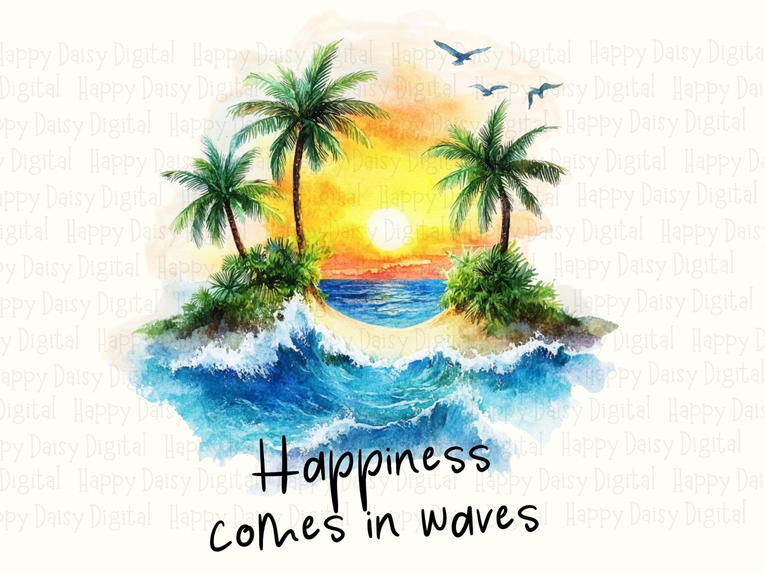 Happiness Comes In Waves PNG Wave Illustration Sublimation Design Beach Summer Commercial Use POD - Image 2