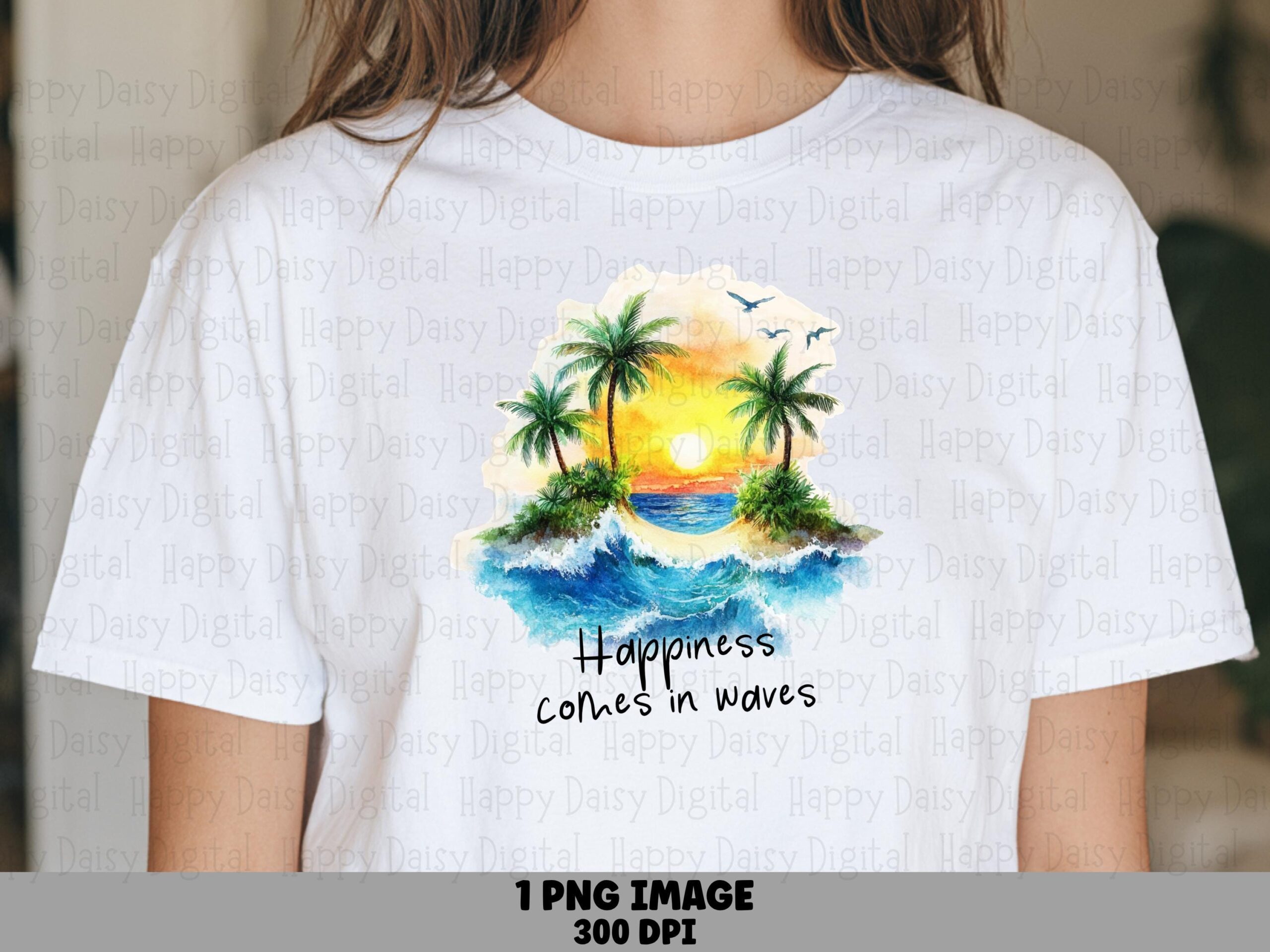 Happiness Comes In Waves PNG Wave Illustration Sublimation Design Beach Summer Commercial Use POD