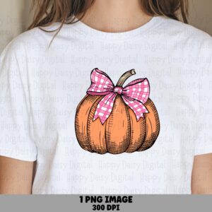 Pumpkin With Pink Gingham Bow PNG Pumpkin Gingham Bow Pink Accent Design Sublimation Design Commercial Use POD