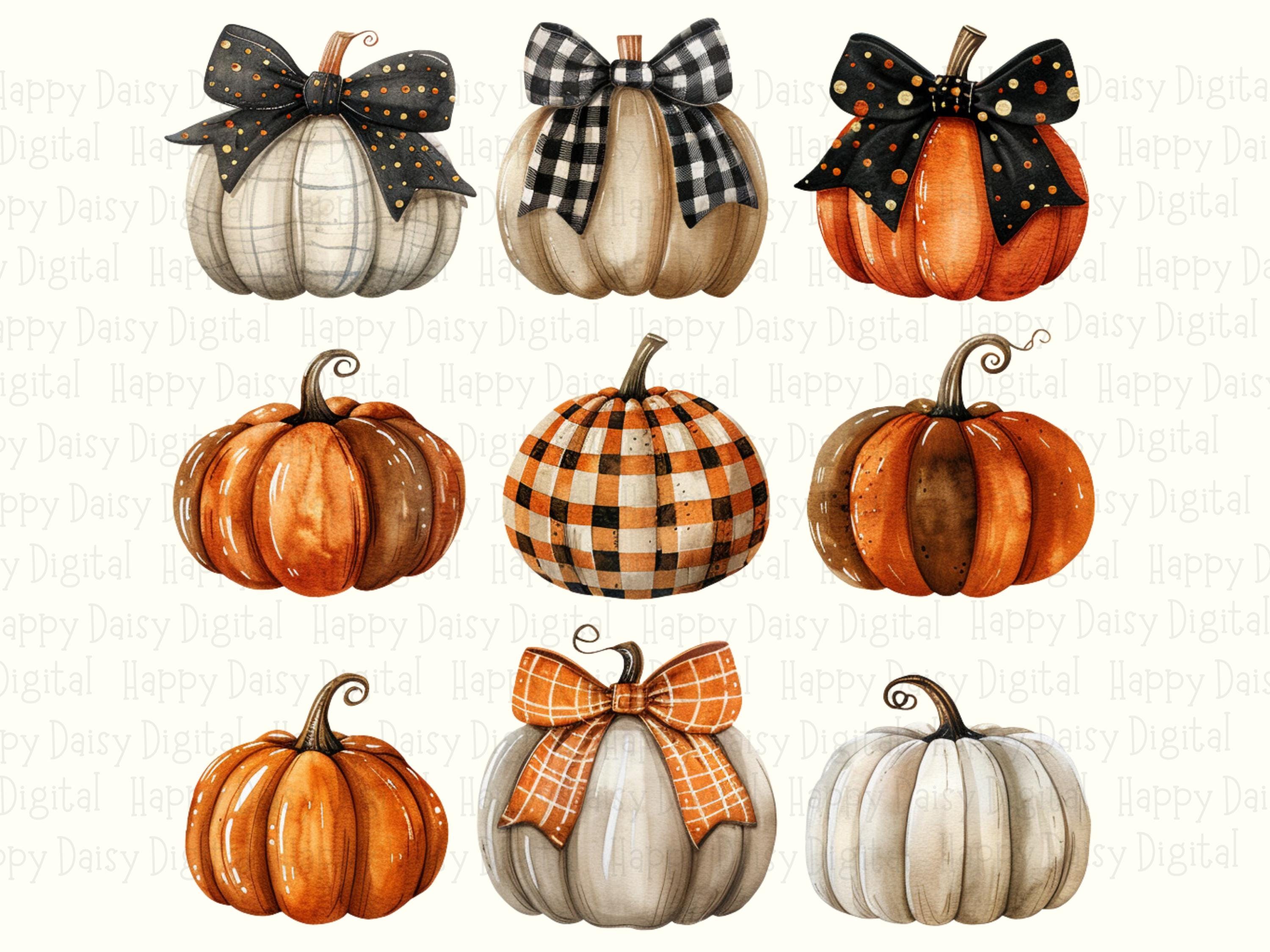 Watercolor Pumpkin Collection PNG Fall Bow Plaid Pumpkin Sublimation Design Commercial Use POD - Image 2