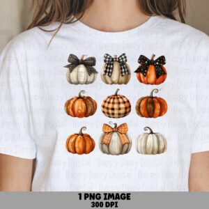 Watercolor Pumpkin Collection PNG Fall Bow Plaid Pumpkin Sublimation Design Commercial Use POD