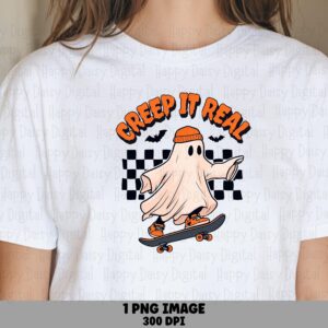 Creep It Real PNG Skateboard Ghost Halloween Sublimation Design Commercial Use POD