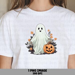 Ghost With Pumpkin PNG Ghost Pumpkin Design Floral Accent Design Sublimation Design Commercial Use POD