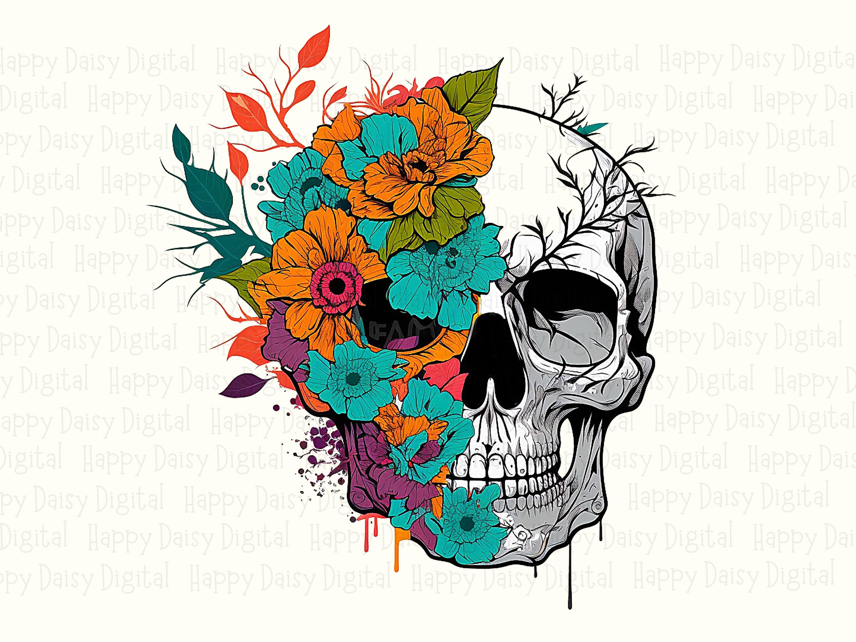 Skull With Florals PNG Skull Floral Design Colorful Accents Sublimation Design Commercial Use POD - Image 2