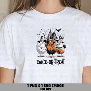 Chick-Or-Treat SVG PNG Chick-Or-Treat Pun Chicken Character Illustration Cricut Silhouette Canva Commercial Use POD