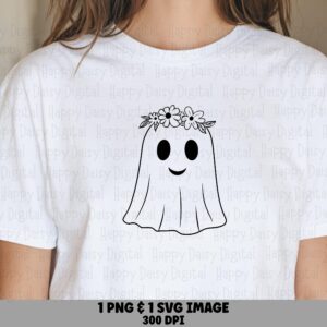 Ghost With Flower Crown SVG PNG Ghost Flower Crown Simple Line Illustration Cricut Silhouette Canva Commercial Use POD