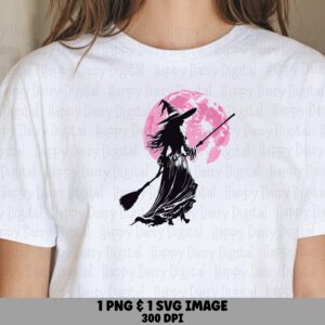 Witch Silhouette SVG PNG Witch Silhouette Design Pink Moon Illustration Cricut Silhouette Canva Commercial Use POD