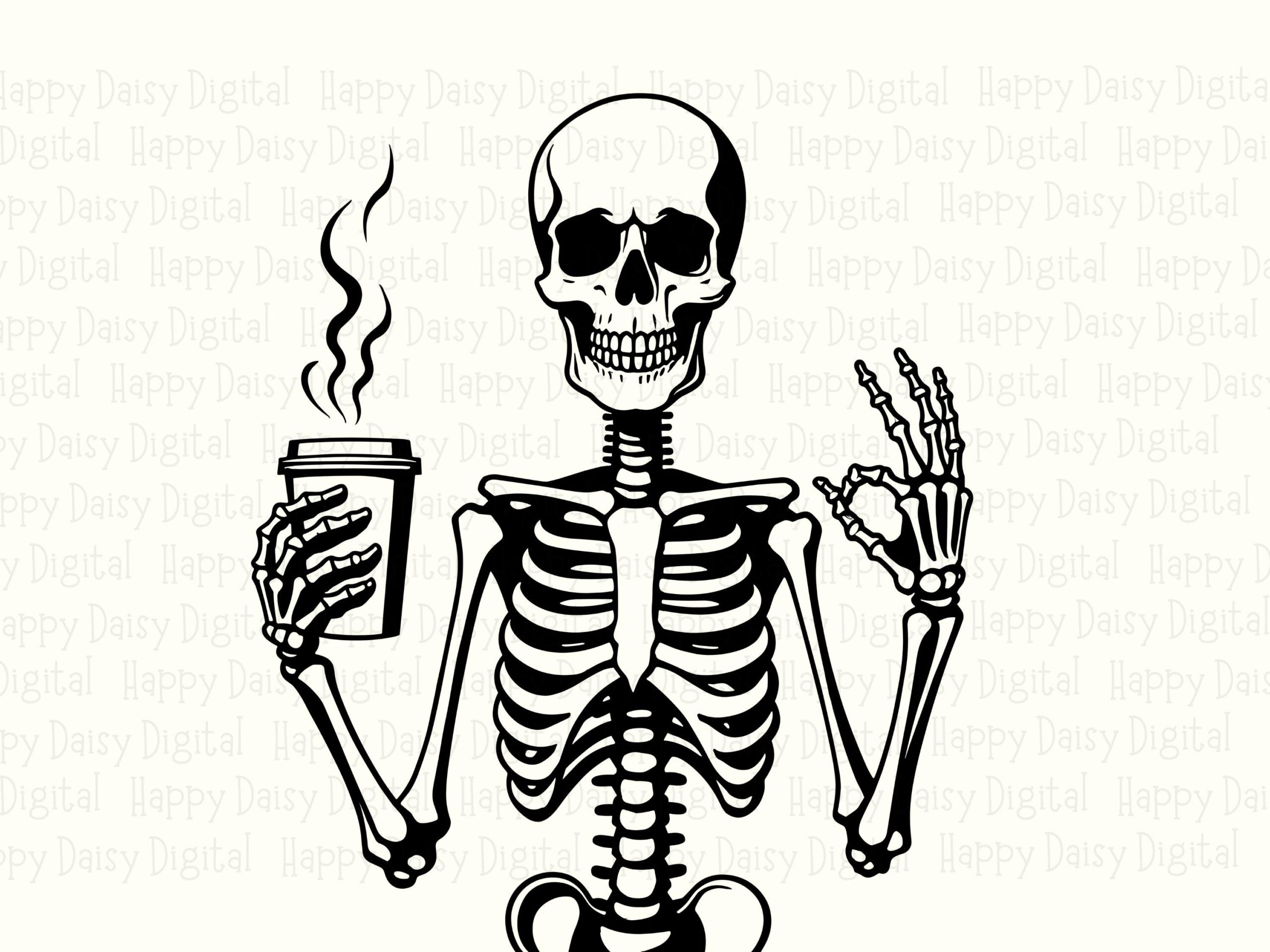 Skeleton With Coffee SVG PNG Skeleton Coffee Design Peace Sign Illustration Cricut Silhouette Canva Commercial Use POD - Image 2