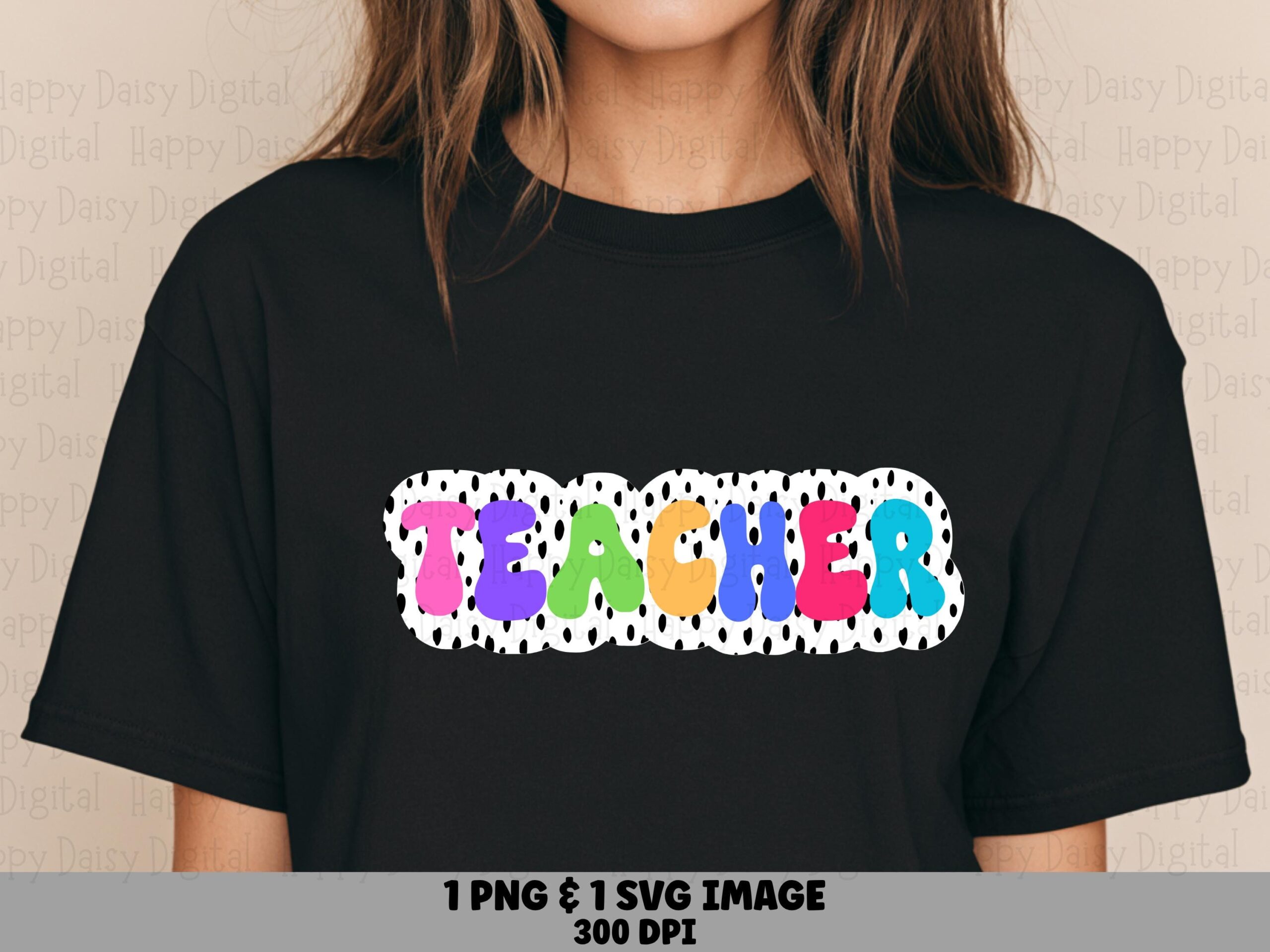 Teacher SVG PNG Teacher Polka Dot Design Bubble Letter Text Cricut Silhouette Canva Commercial Use POD