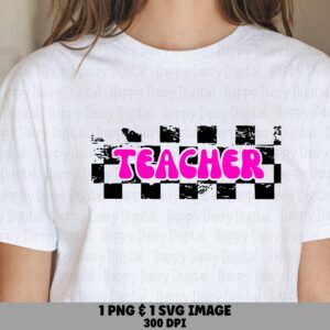 Teacher SVG PNG Teacher Checkered Design Patterned Block Text Cricut Silhouette Canva Commercial Use POD