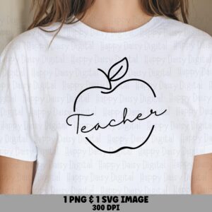 Teacher SVG PNG Teacher Apple Outline Script Text Design Cricut Silhouette Canva Commercial Use POD