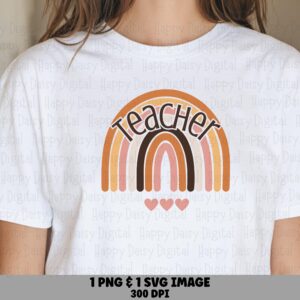 Teacher SVG PNG Teacher Rainbow Design Pastel Heart Accents Cricut Silhouette Canva Commercial Use POD