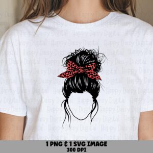 Mama SVG PNG Mama Messy Bun Red Bandana Illustration Cricut Silhouette Canva Commercial Use POD