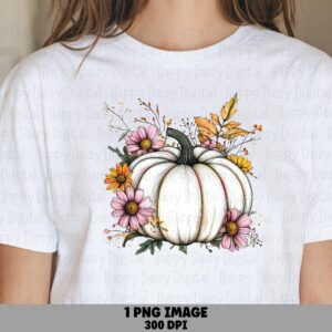 White Pumpkin With Florals PNG White Pumpkin Design Floral Accents Sublimation Design Commercial Use POD