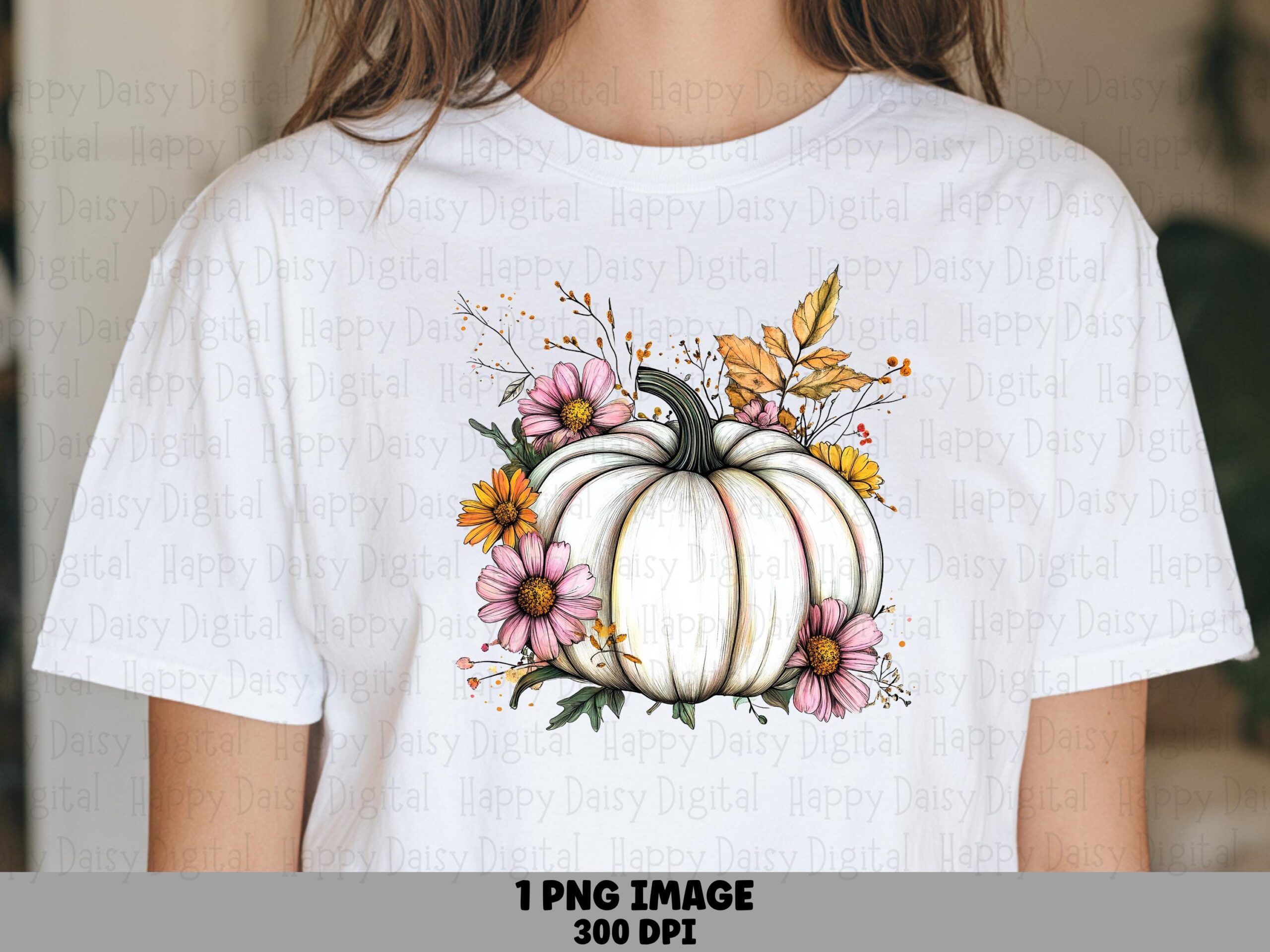White Pumpkin With Florals PNG White Pumpkin Design Floral Accents Sublimation Design Commercial Use POD