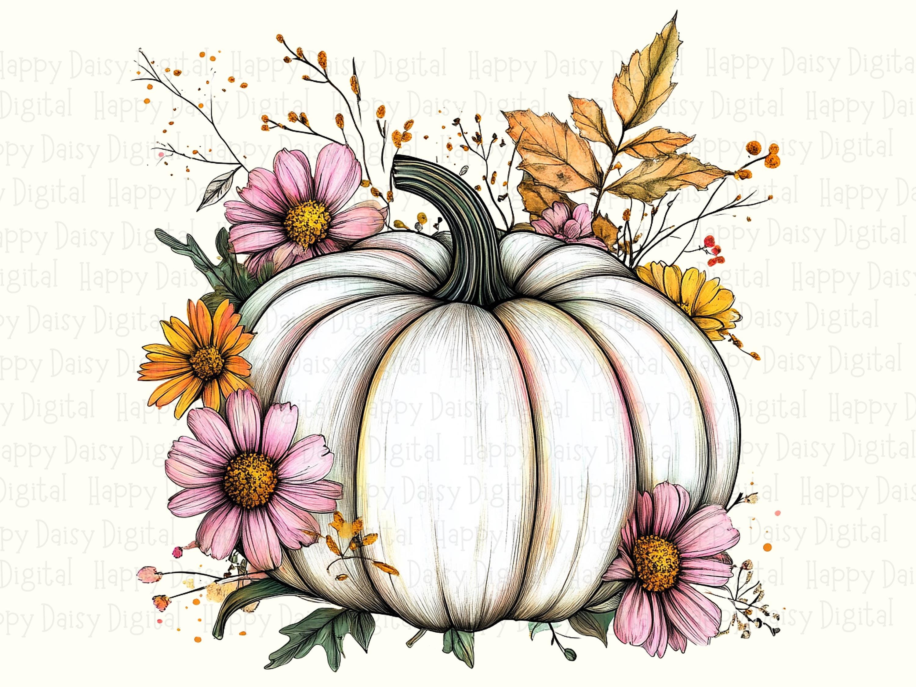 White Pumpkin With Florals PNG White Pumpkin Design Floral Accents Sublimation Design Commercial Use POD - Image 2