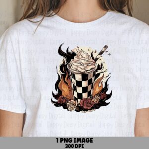 Coffee And Flames PNG Coffee Flames Design Checkered Background Sublimation Design Commercial Use POD