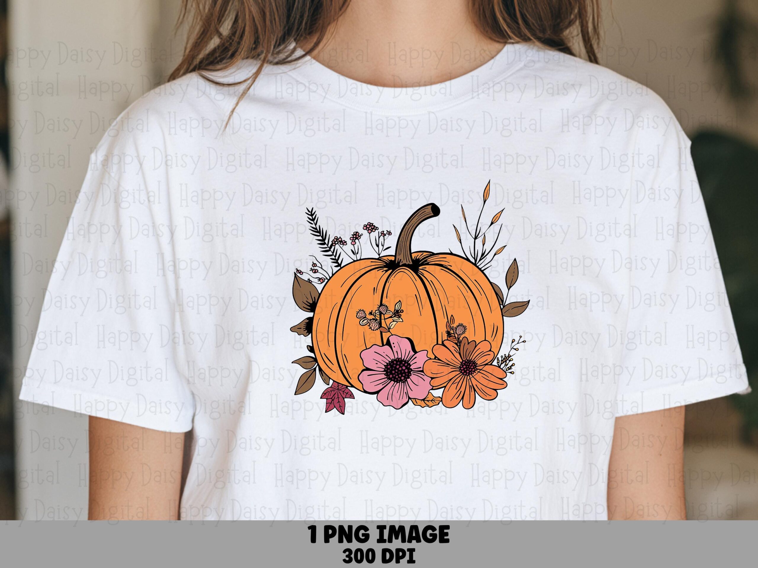 Pumpkin With Floral Wreath PNG Pumpkin Wreath Design Floral Accent Sublimation Design Commercial Use POD