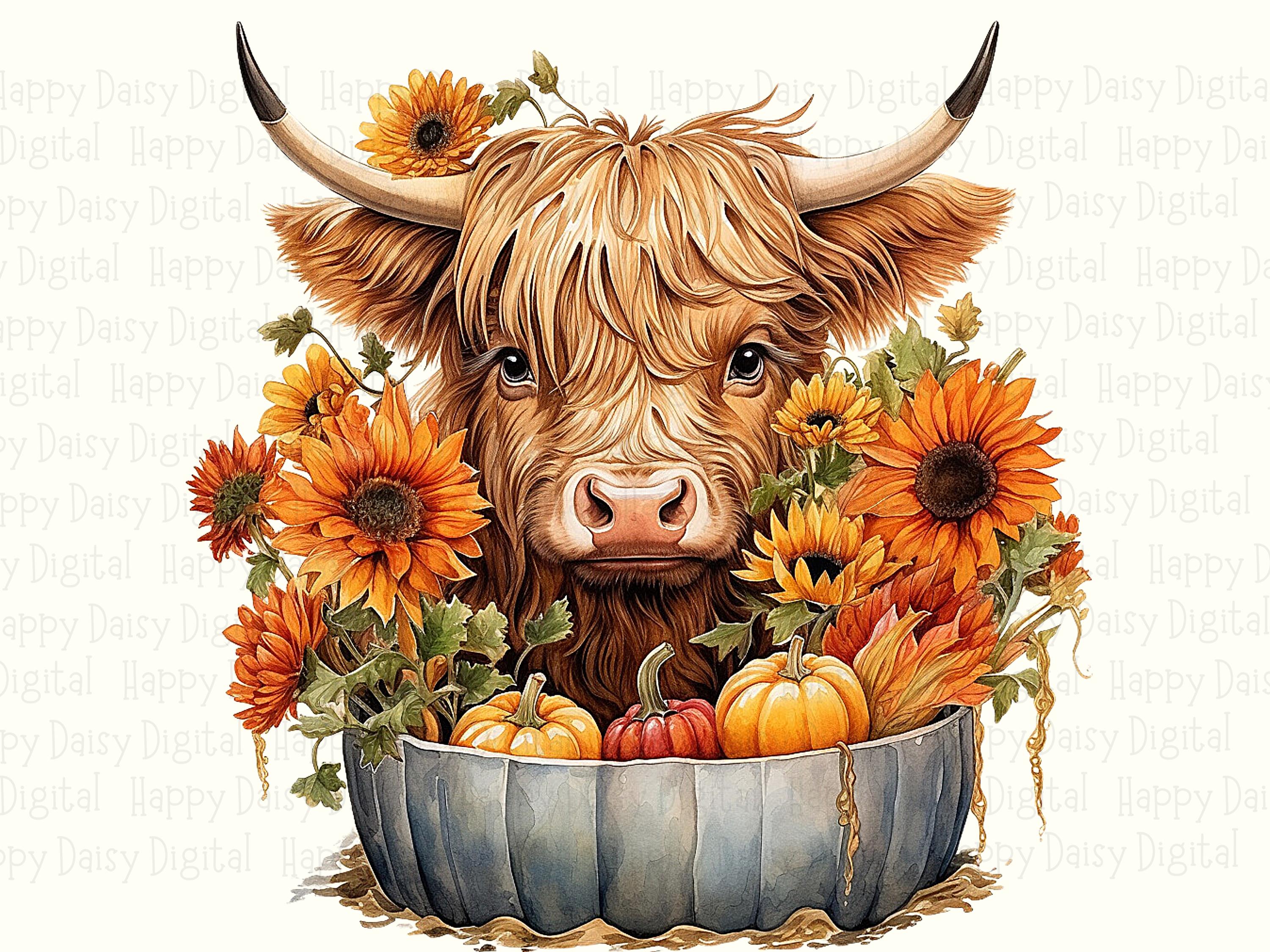 Highland Cow Floral PNG Highland Cow Floral Fall Basket Design Sublimation Design Commercial Use POD - Image 2