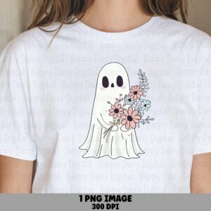 Ghost With Bouquet PNG Ghost Bouquet Design Floral Illustration Sublimation Design Commercial Use POD