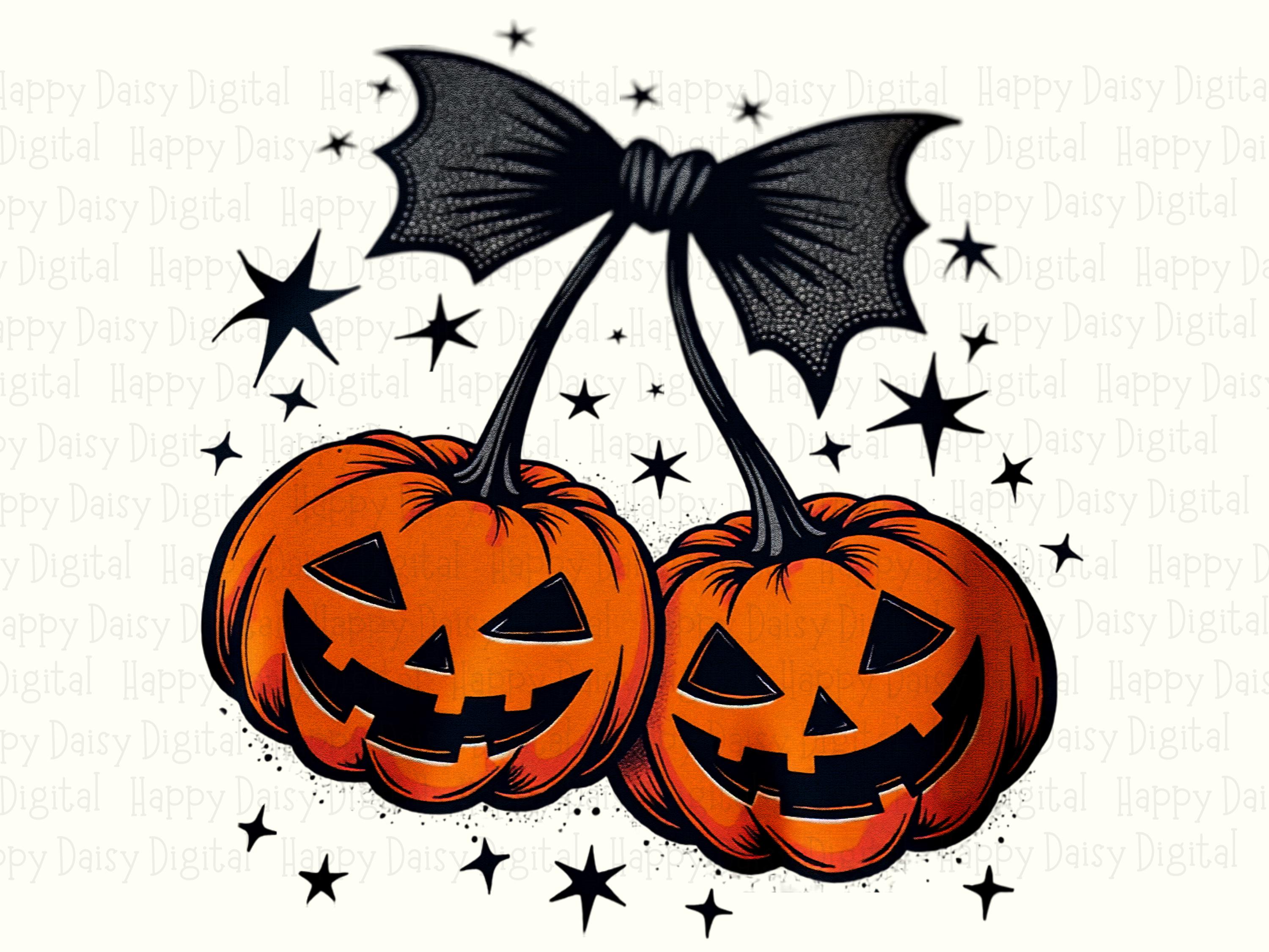 Pumpkin Duo PNG Pumpkin Duo Design Bat Bow Accent Sublimation Design Commercial Use POD - Image 2