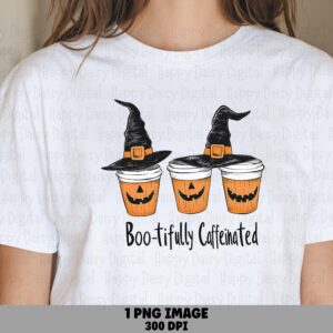 Boo-tifully Caffeinated PNG Boo-Tifully Caffeinated Pun Coffee Cup Witch Hats Sublimation Design Commercial Use POD