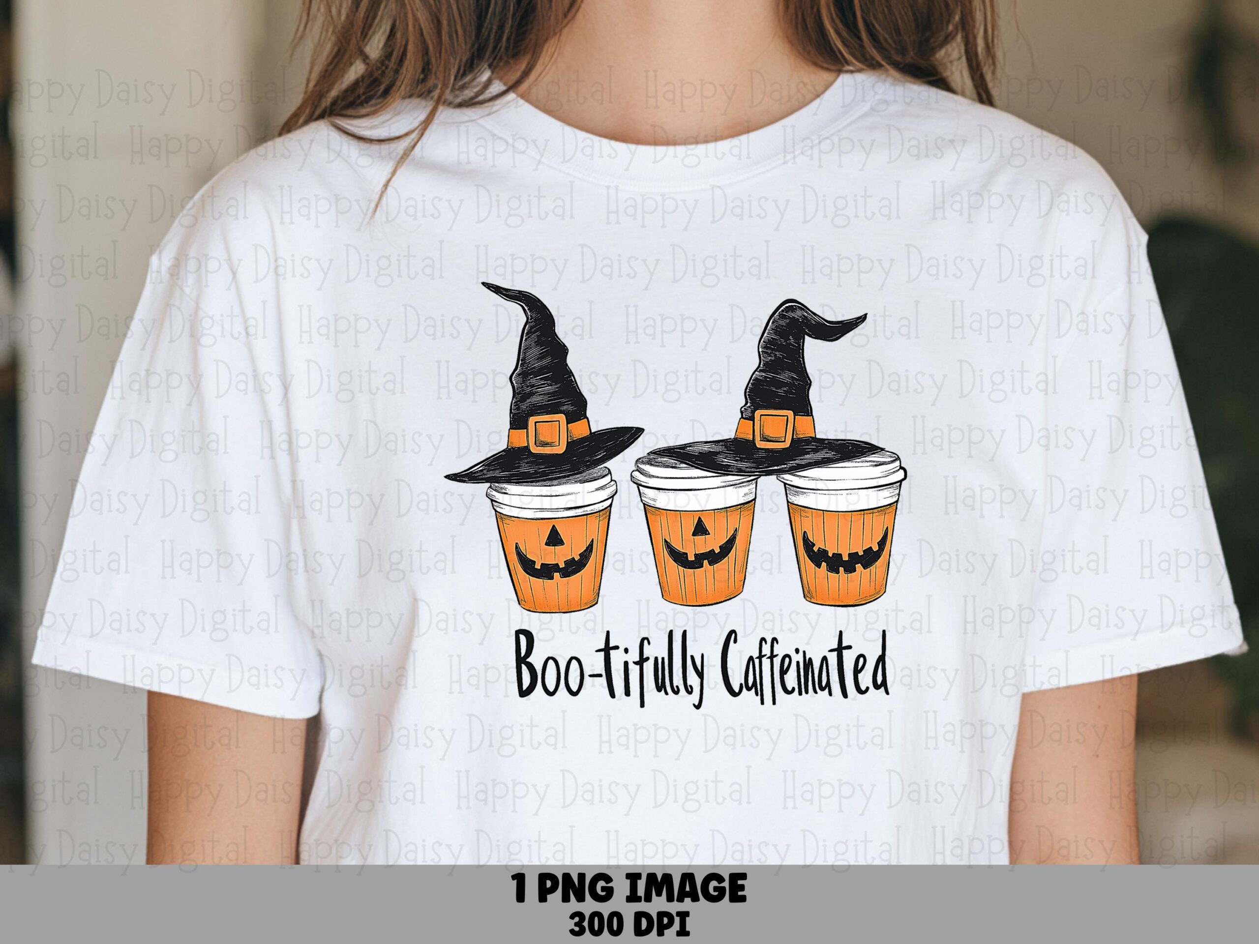 Boo-tifully Caffeinated PNG Boo-Tifully Caffeinated Pun Coffee Cup Witch Hats Sublimation Design Commercial Use POD