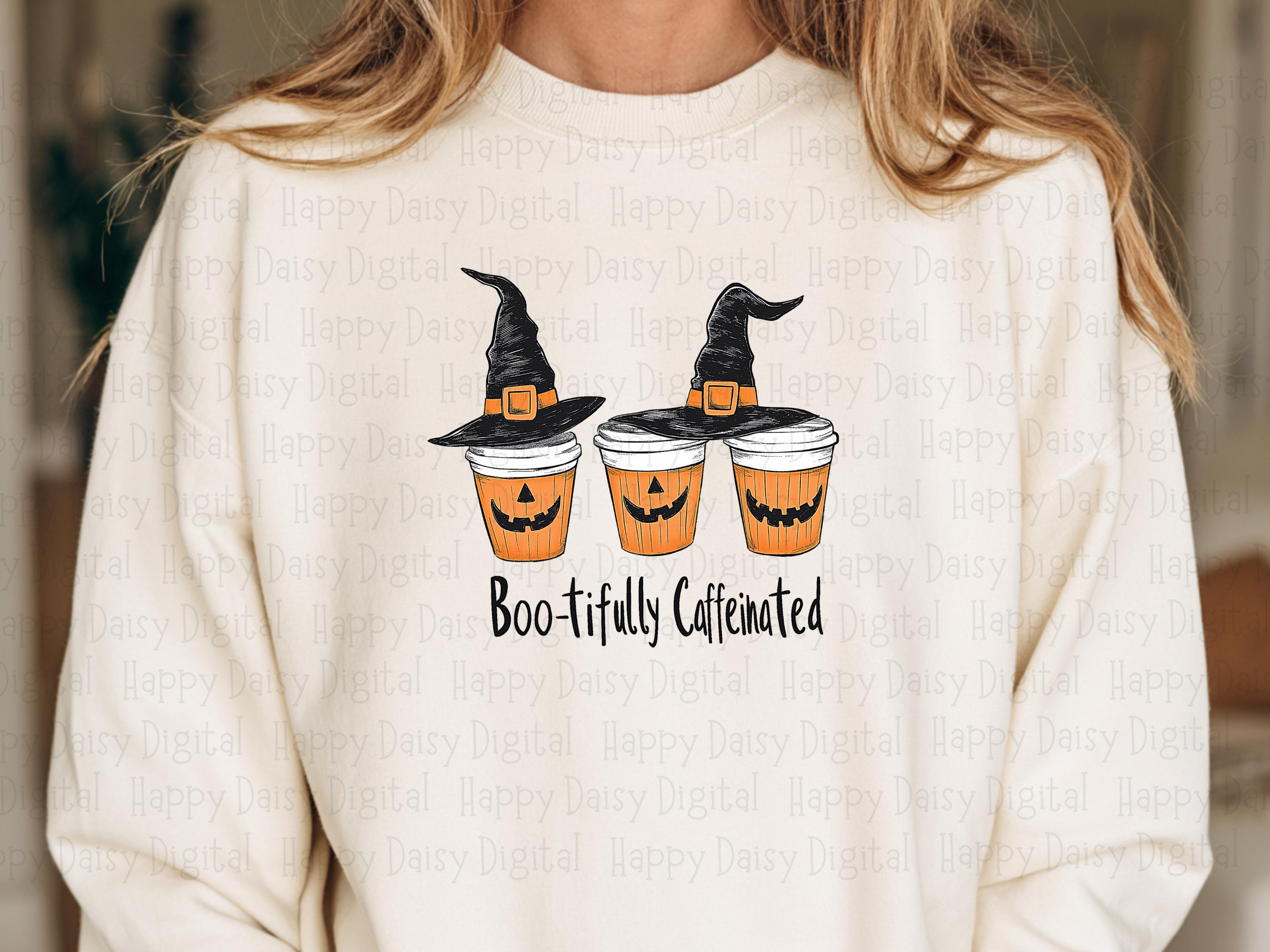 Boo-tifully Caffeinated PNG Boo-Tifully Caffeinated Pun Coffee Cup Witch Hats Sublimation Design Commercial Use POD - Image 2