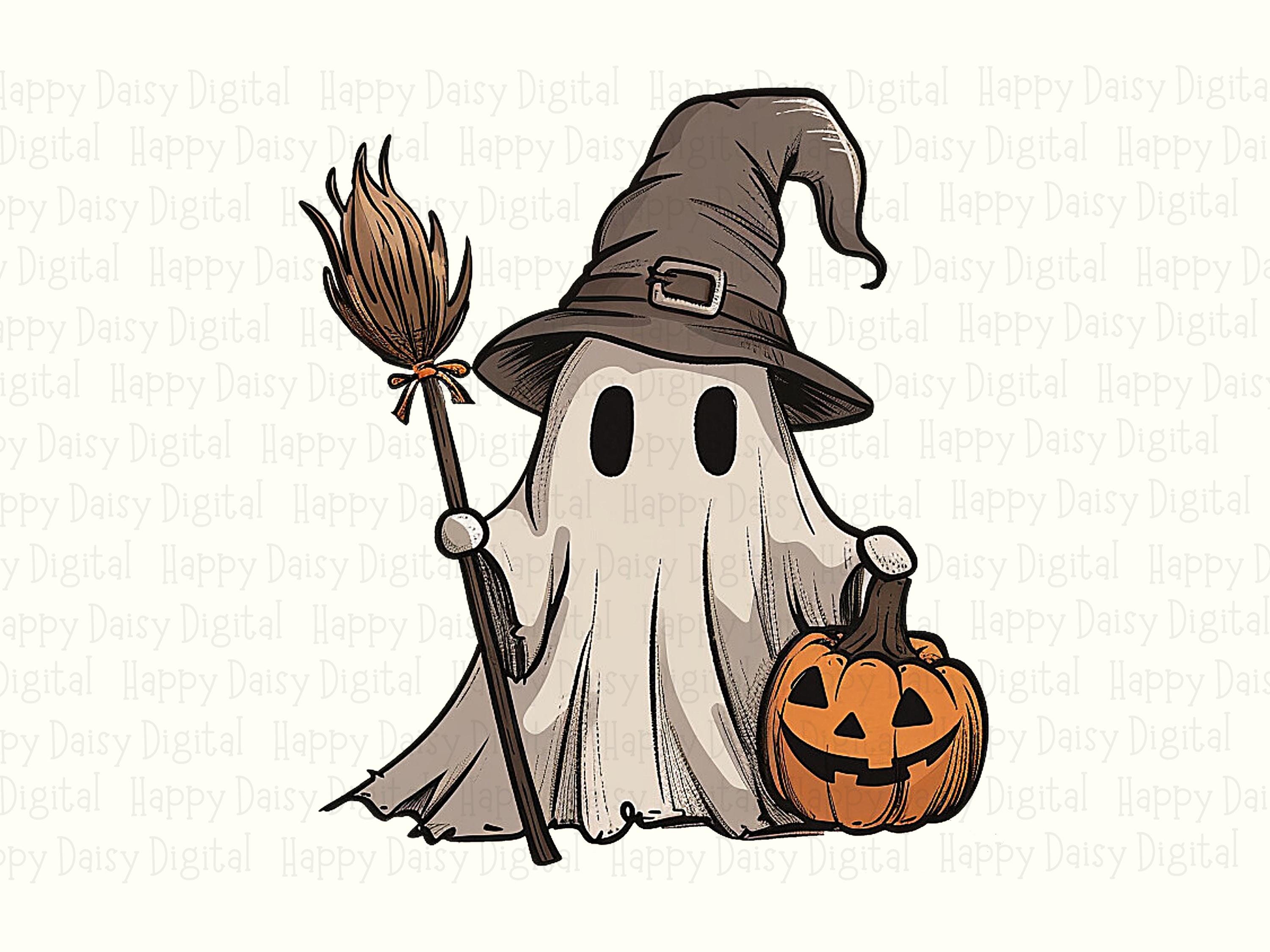 Ghost Witch With Pumpkin PNG Ghost Witch Pumpkin Broom Illustration Sublimation Design Commercial Use POD - Image 2