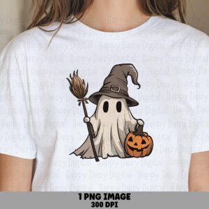 Ghost Witch With Pumpkin PNG Ghost Witch Pumpkin Broom Illustration Sublimation Design Commercial Use POD