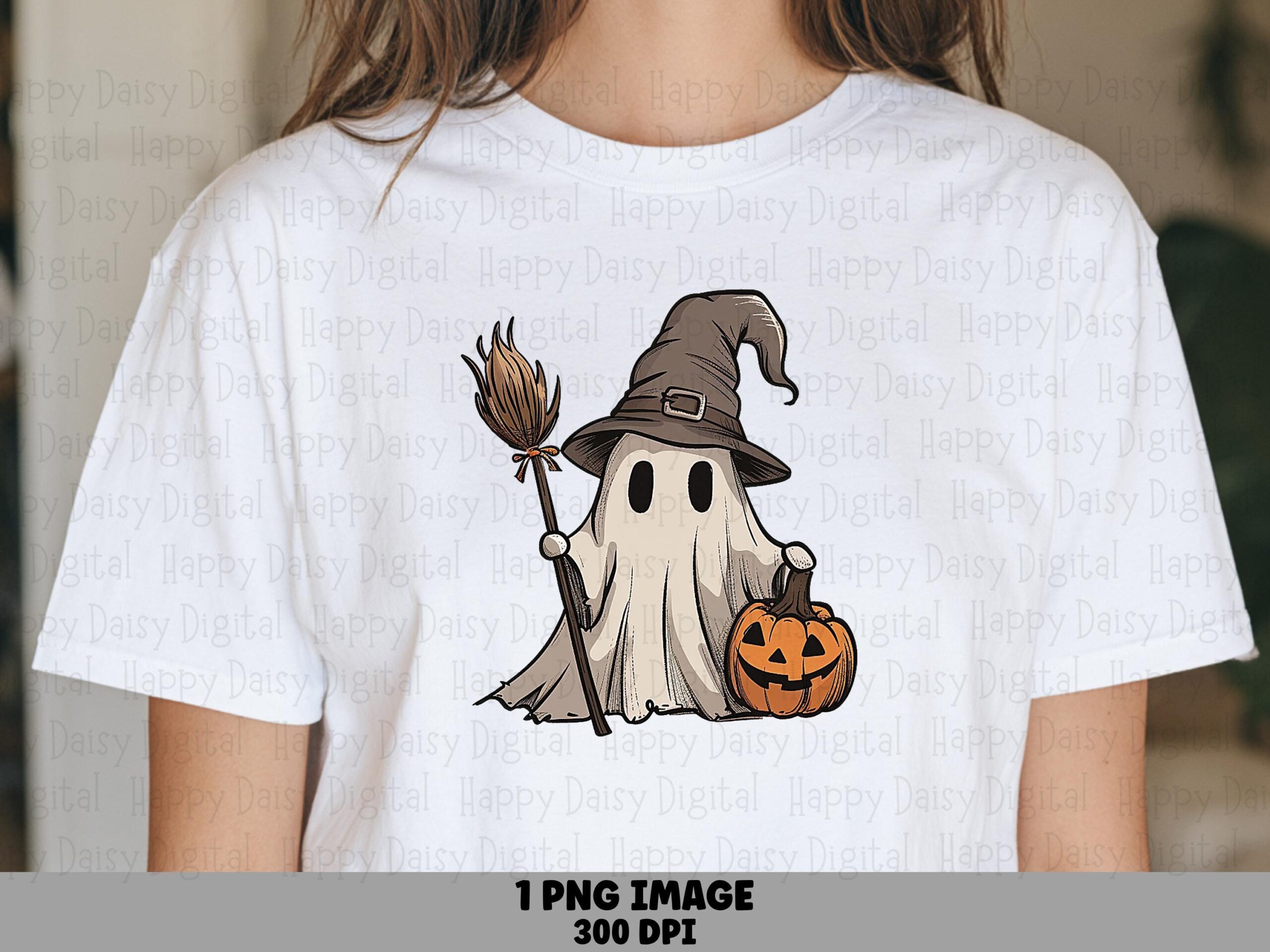 Ghost Witch With Pumpkin PNG Ghost Witch Pumpkin Broom Illustration Sublimation Design Commercial Use POD
