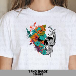 Skull With Florals PNG Skull Floral Design Colorful Accents Sublimation Design Commercial Use POD