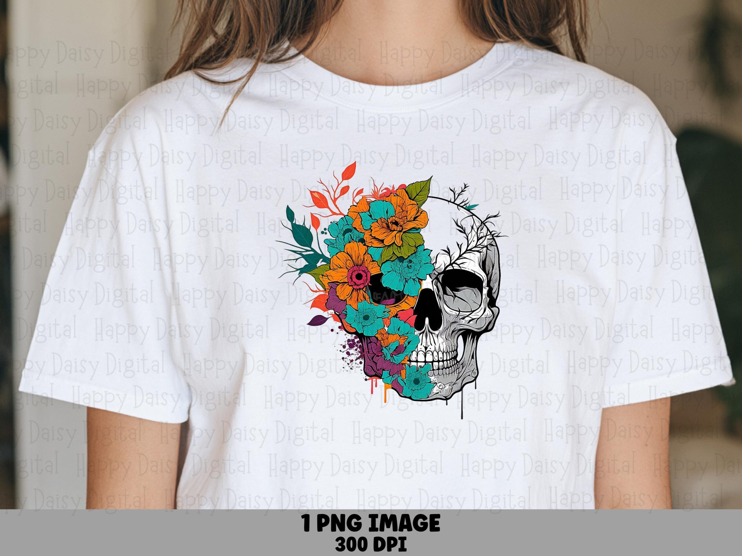 Skull With Florals PNG Skull Floral Design Colorful Accents Sublimation Design Commercial Use POD