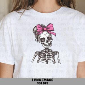 Skeleton With Bow PNG Skeleton Bow Design Pink Bow Accent Sublimation Design Commercial Use POD