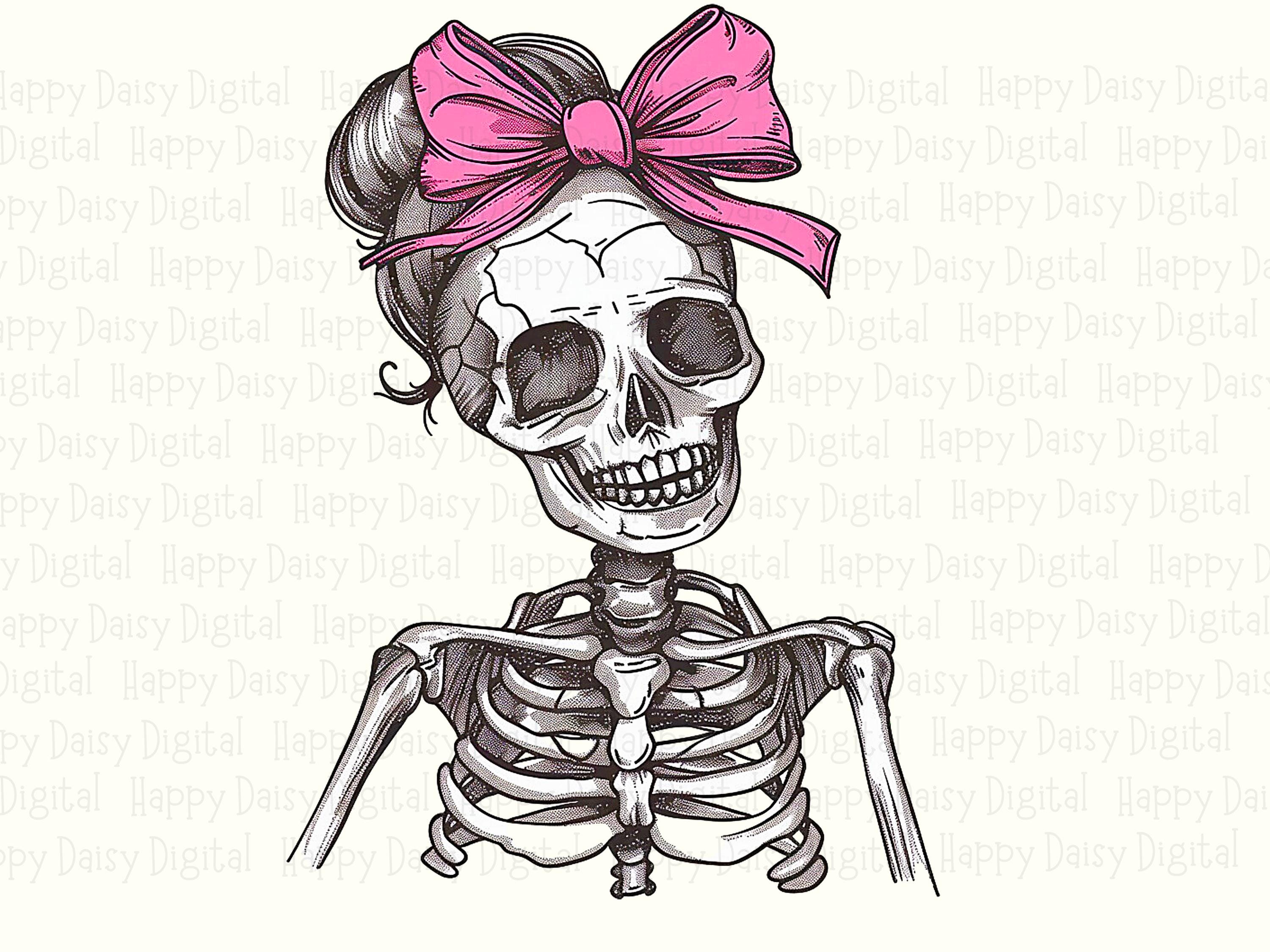 Skeleton With Bow PNG Skeleton Bow Design Pink Bow Accent Sublimation Design Commercial Use POD - Image 2