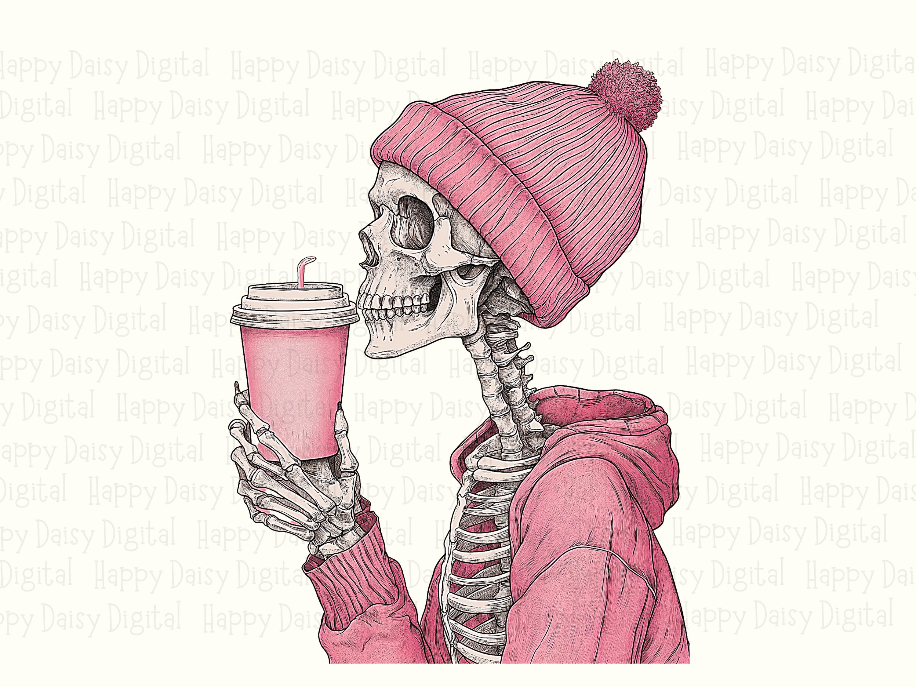 Skeleton With Drink PNG Skeleton Drink Design Winter Hat Illustration Sublimation Design Commercial Use POD - Image 2
