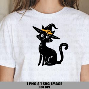 Black Cat With Witch Hat SVG PNG Black Cat Witch Hat Cat Illustration Cricut Silhouette Canva Commercial Use POD