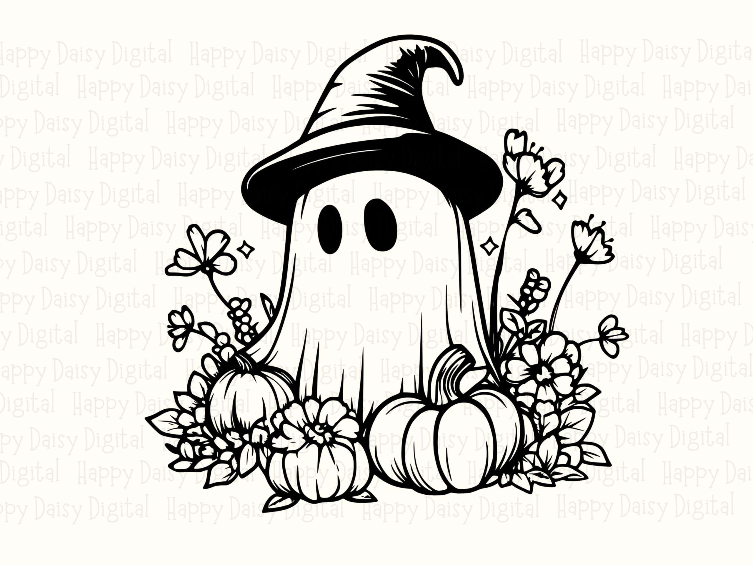 Ghost Witch With Pumpkin SVG PNG Ghost Witch Pumpkin Witch Hat Illustration Cricut Silhouette Canva Commercial Use POD - Image 2